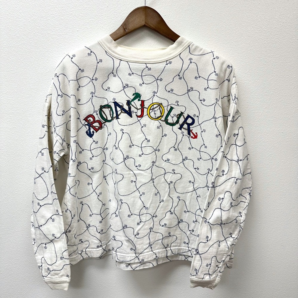 Vintage Bonjour Nautical Print Long‎ Sleeve Tee Shirt White L